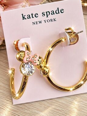 kate spade Gold Hoop Earrings Minnie Mouse with Pink Bow & Crystal Charm